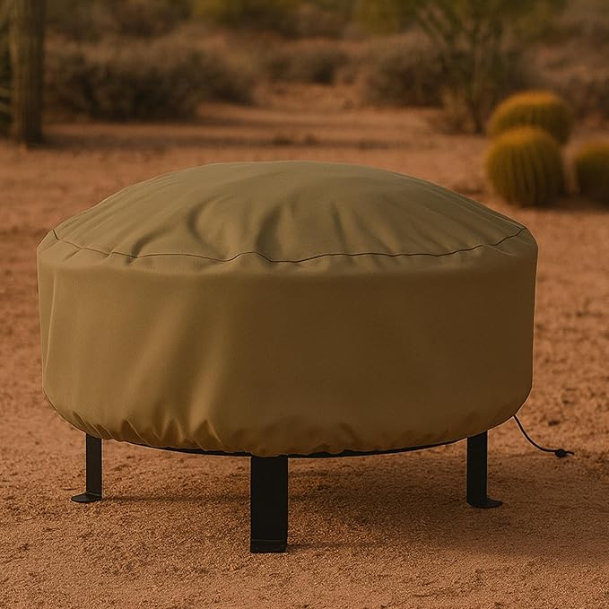 Sunnydaze Round Outdoor Fire Pit Cover - Heavy-Duty 300D Polyester and PVC with Drawstring Closure - Khaki - 48-Inch