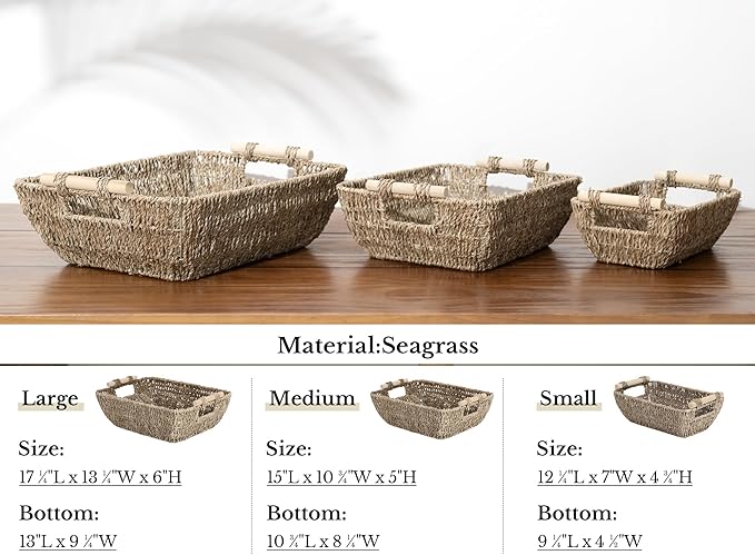 StorageWorks Small Baskets for Shelf, Seagrass Woven Basket with Wooden Handles for Gifts, 2-Pack