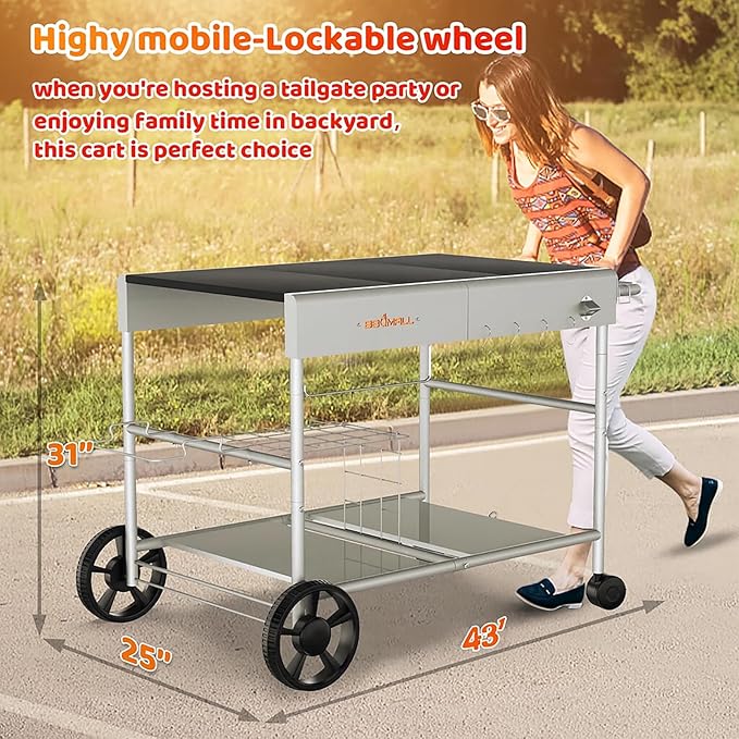 Upgraded Pizza Oven Cart Table for Ooni Koda/Karu/Fyra 16 & 12, Movable Thicken & Widen Rolling Kitchen Cart, Outdoor Grill Stand for Ninja Woodfire,Blackstone Griddle,Barbecue Tool Set