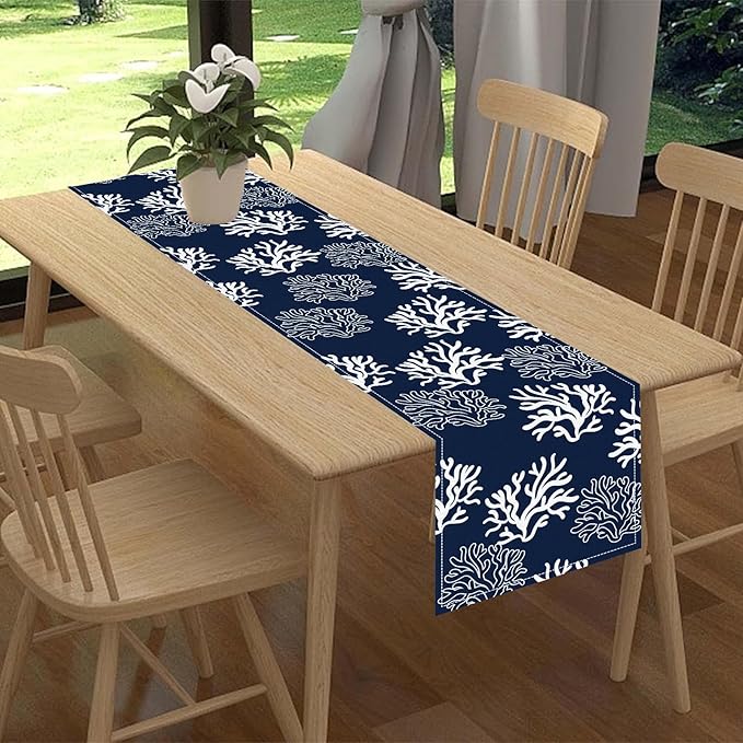 Coastal Table Runner, Summer Seasonal Beach Navy Blue Coral Nautical Tropical Ocean Marine Farmhouse Rustic Table Center Decor for Home Kitchen Dining Patio Indoor Outdoor Decorations, 13"x36" Inch