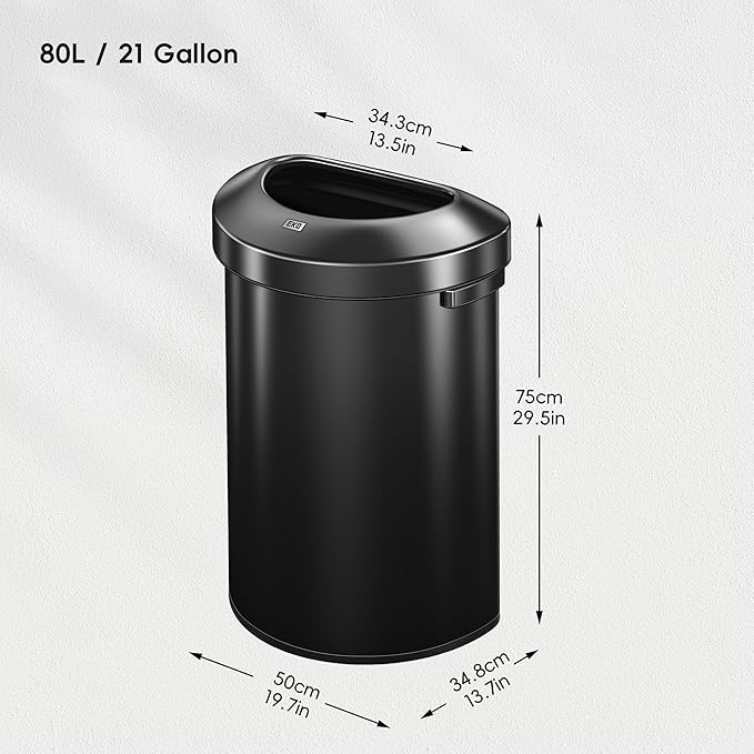 EKO Urban 21 Gallon Semi-Round Open Top Waste Bin, Stainless Steel Half Round Commercial Trash Can for Indoor and Outdoor, Extra Large Garbage Bin for Home, Office, Restaurant, 80L, Matte Black