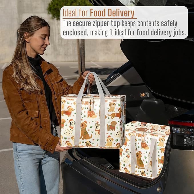 VENO 2 Pack Cooler Bag, Insulated Grocery Bags for Food Delivery, Collapsible Cooler, Reusable Shopping Bags for Groceries, Hard Bottom, Zippered, Foldable, Christmas Pattern (Holiday Pups, 2 Pack)