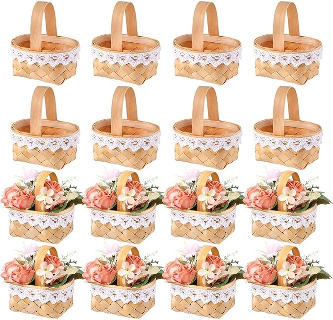 Geelin 12 Pcs Mini Flower Girl Basket Mini Woven Baskets with Handles Rustic Elegant Flower Holder for Wedding Party, Home Decoration, Garden Decor and DIY Decor