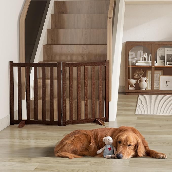 24" Height Tall Freestanding Pet Gate, Solid Wood Folding Safety Fence Wooden Dog Gate with 2 PCs Support Feet Ideal for Stairs, Doorways, Halls, Kitchens, Heavy Duty Gates, 2 Panels, Walnut
