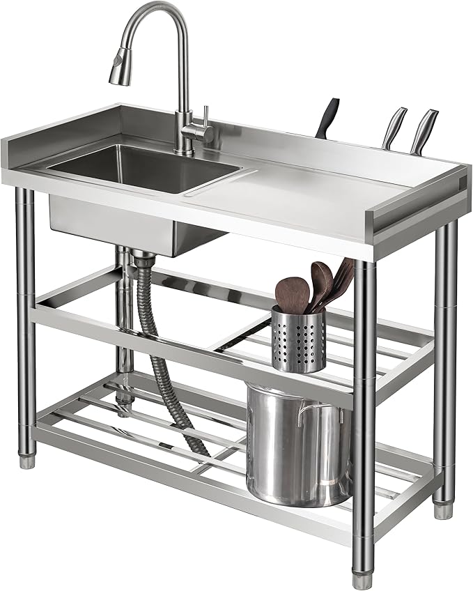 Stainless Steel Utility Sink Freestanding Laundry Sink with Pull-Out Faucet, Utility Tub with Bottom Shelves for Garage, Basement, Mudroom, or Workshop (Silver)