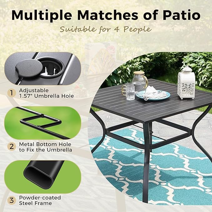 Outdoor Patio Square Dining Table, 37"x 37" Metal Slatted Tabletop with Adjustable Umbrella Hole, All Weather Wrought Iron Black Outdoor Table for Deck Lawn Garden Backyard, Black