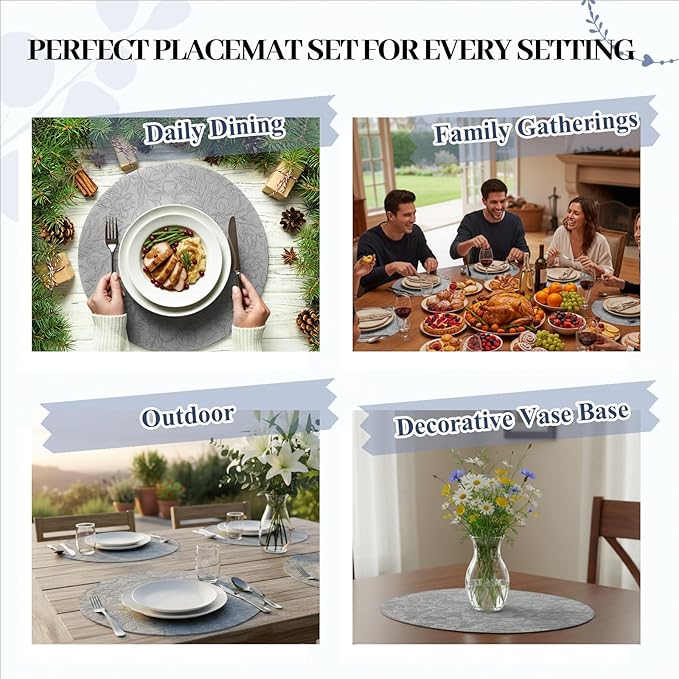 13'' Round Placemats Set of 6, PU Leather Table Mats, Non Slip Heat Resistant Waterproof Oilproof Washable Protective Wipeable for Dining Table, Kitchen, Party Decoration Indoor Outdoor, Gray