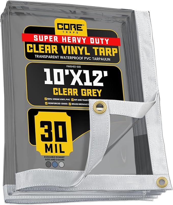 Core Tarps 30 Mil Extreme Heavy Duty Clear Tarp with Gromments - 10x12ft Super Clear Tarps Heavy Duty Waterproof Vinyl Tarpaulin, Transparent Tarp for Outdoor, Camping & Construction, Clear Grey