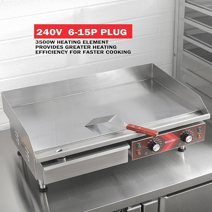 EGGKITPO Commercial Electric Griddle 29 Inch Large Countertop Griddle Non-Stick Flat Top Grill Stainless Steel Teppanyaki Griddle with Adjustable Temperature 90℉-575℉ for Restaurant Use 240V 3500W