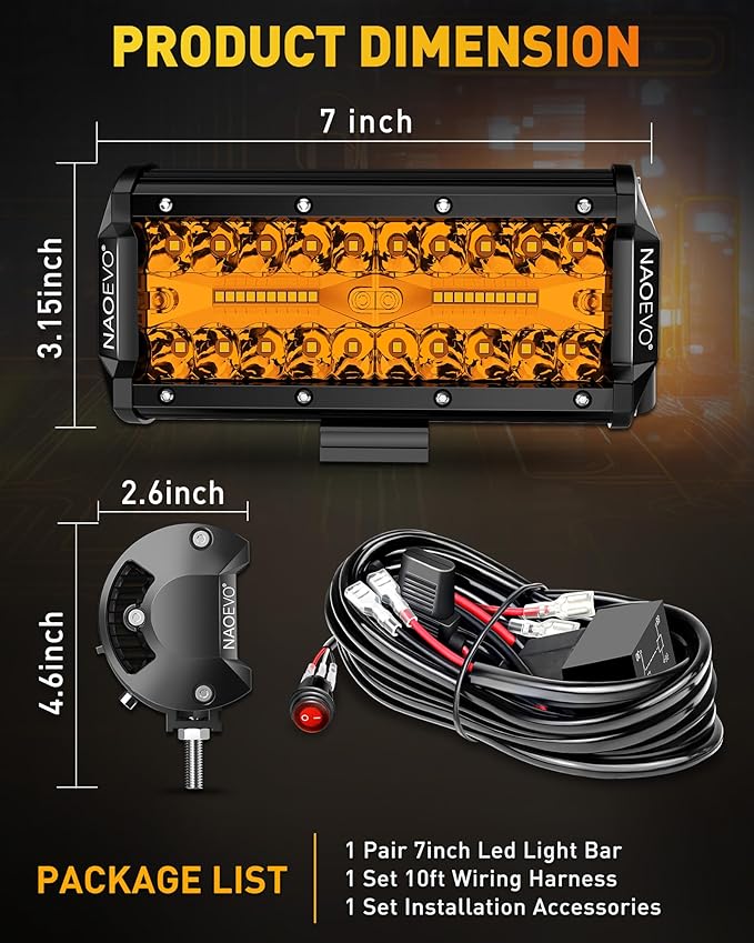 NAOEVO 7 Inch Amber LED Light Bar, 240W 24,000LM Offroad Fog/Driving Lights LED Pods with 2 Leads Wiring Harness Kit, Spot & Flood Work for Truck Boat UTV ATV, 2-Pack (Amber)