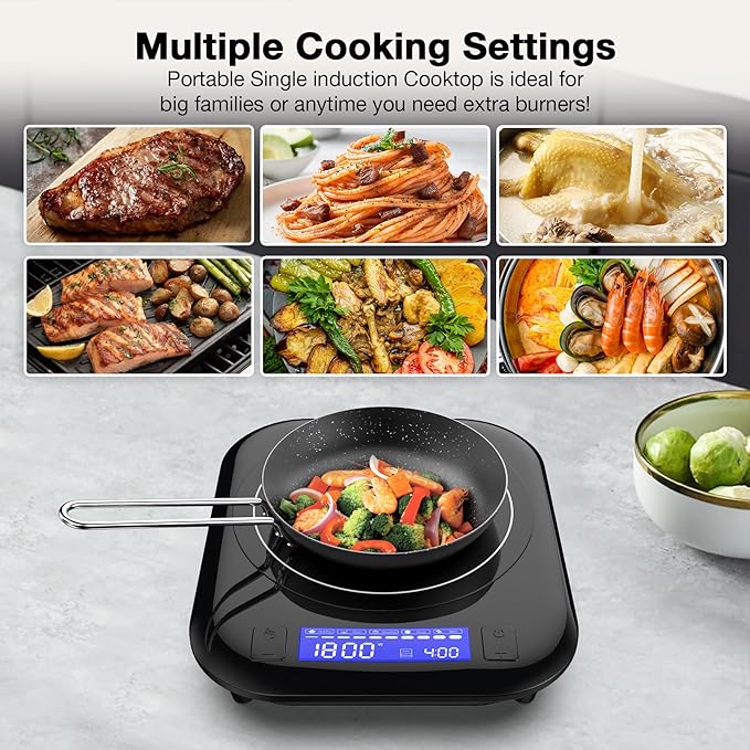 Single Induction Cooktop,1800W 110V Single Burner Cooktop,Induction Hot Plate with 5 Cooking Modes, Electric burner with LCD touch control,9 Temperature Levels & 4H Timer,Overheat protection