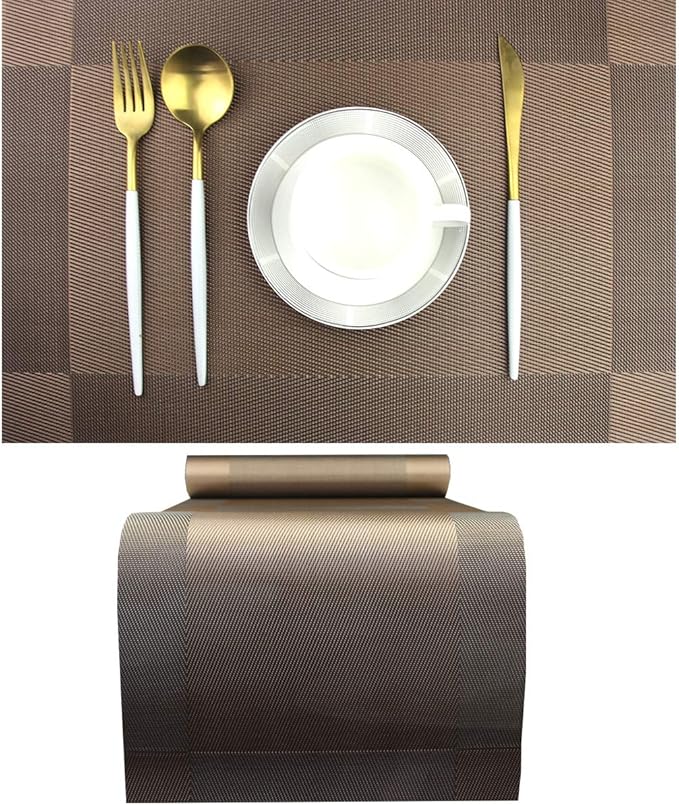 PIGCHCY Elegant Placemats with Matching Table Runner,Durable Cleaning Placemats for Dining Table Sets(6pcs Round Placemats+1pcs Table Runner, Chocolate Brown)