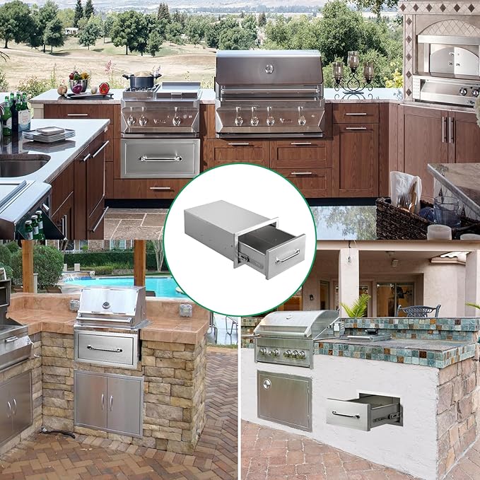 Outdoor Kitchen Drawers 14" W x 8.5" H x 23" D Stainless Steel Single Drawers with Ergonomic Handle for BBQ Island, Patio Grill Station & Outdoor Kitchen Cabinets