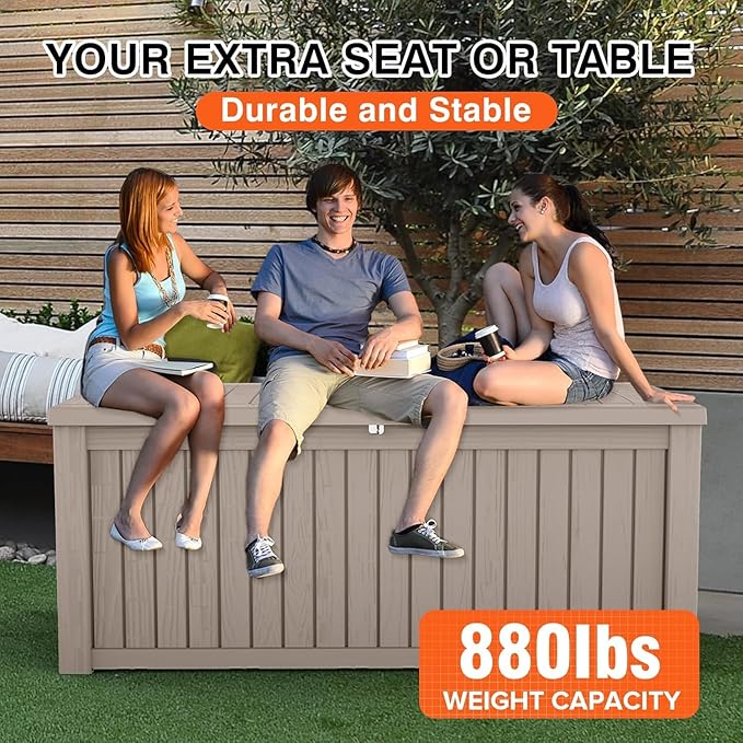 180 Gallon Resin Deck Box, Waterproof Outdoor Storage Box for Patio Furniture, Garden Tools, and Pool Accessories, Lockable UV-Resistant Storage Bin Bench Cabinet for Outside, Grey