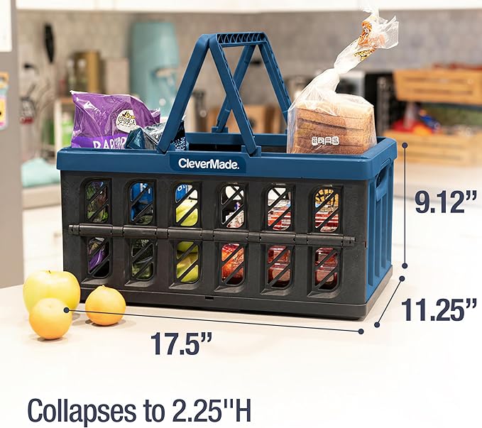 CleverMade Collapsible Shopping Basket, Ocean, 3PK - 24L (6 Gal) Reusable Plastic Grocery Shopping Baskets, Holds 25lbs Per Basket - Small Foldable Storage Crates with Handles