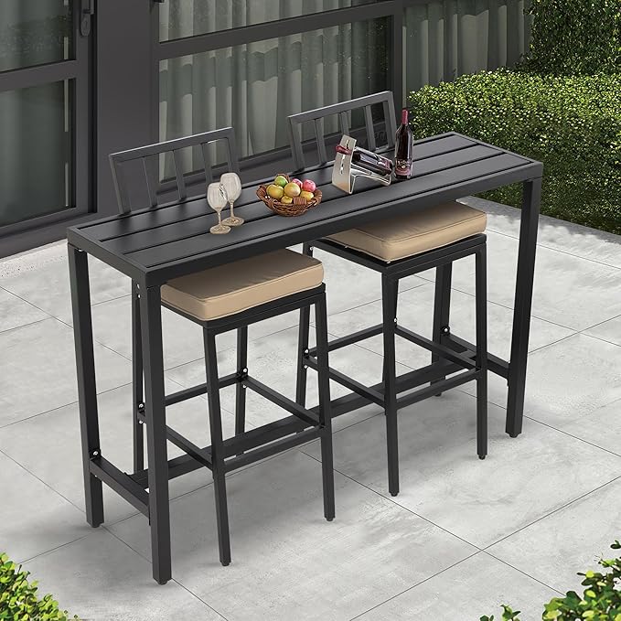 3-Piece Outdoor Patio Bar Set, Bar Height Patio Dining Set, Weather-Resistant Bistro Counter Pub Set with Cushions & Slatted Tabletop for Backyard, Garden, Yard