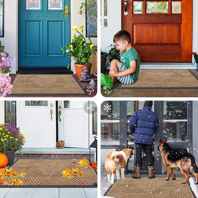 Smiry Front Door Mat Outside Entrance, Heavy Duty Sturdy Natural Rubber Doormat, Trap Dirt and Moisture, Easy Clean Low Profile Mats for Indoor Outdoor Entry, Irregular Triangle (36x24, Light Brown)