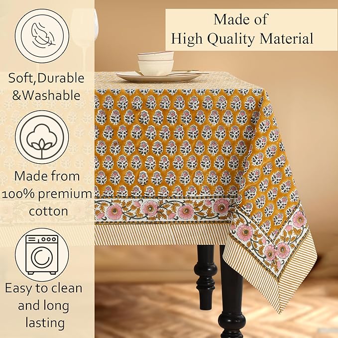 CPC Tablecloth 100% Cotton 72x190 Inch Indian Block Print Rectangle Table Cover, Yellow Table Cloth for Weddings, Spring/Summer, Barbeque - Yellow Citrine