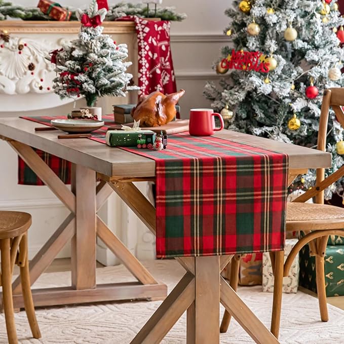 Red Green Gold Plaid Christmas Table Runner, Winter Holiday Table Runners 72 inches Long Xmas Decorations Indoor Outdoor Farmhouse Home Kitchen Dining Party Decor