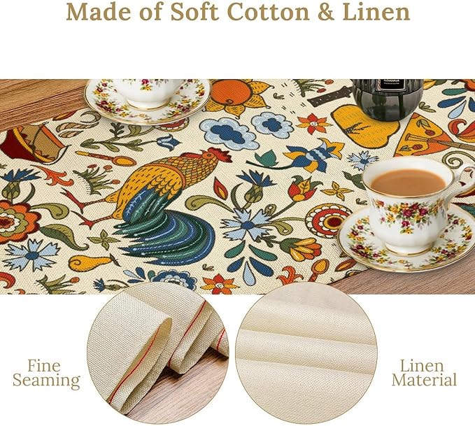 Farm Animal Table Runner, Boho Folk Style Country Rustic Farmhouse Rooster Flower Print Table Runner for Home Kitchen Dining Holiday Decor, 13x36inch