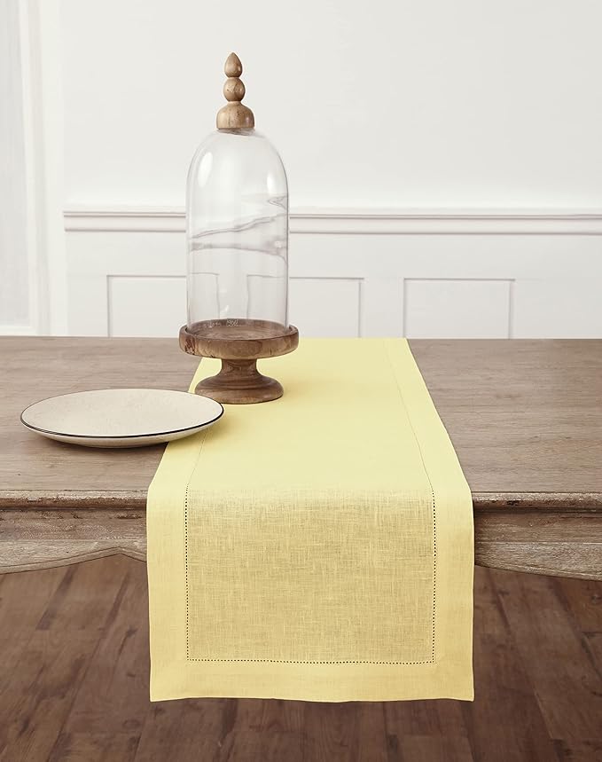 Solino Home Linen Yellow Table Runner 144 Inches Long - 100% Pure Linen Extra Long Table Runner 14 x 144 Inch for Valentines, Spring, Easter - Classic Hemstitch
