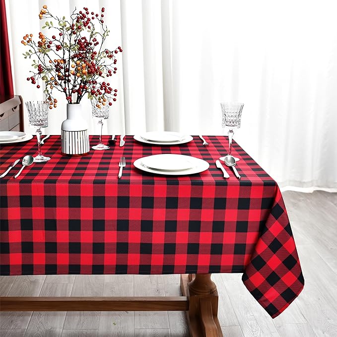 Waterproof Checkered Tablecloth Fabric - Rectangle 58x84 Inch Christmas Plaid Table Cloth for Indoor/Outdoor Use - Xmas Table Cover for Kitchen, BBQs, and Parties