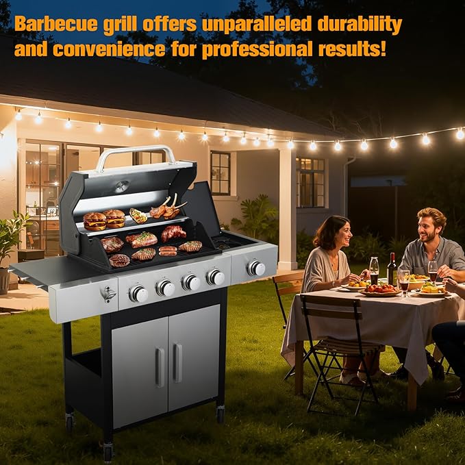 CIG GARDEN 4 Burner Propane Gas Grill with Side Burner, 52,000 BTU BBQ Grill with Cast Iron Grates and Double-layer Stainless Steel Lid, Outdoor Barbecue Grill Perfect for Balcony, Backyard, Camping