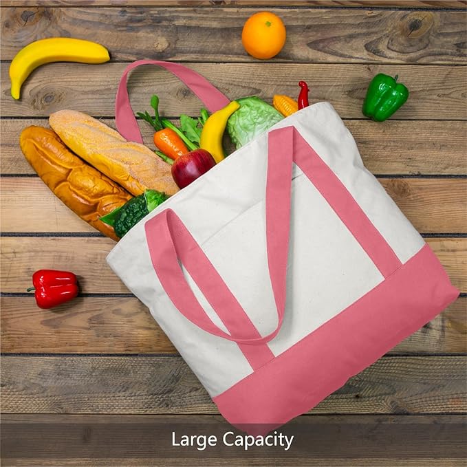 TOPDesign 6-Pack Canvas Tote Bags with an External Pocket, Reusable Grocery Shopping Bags, Top Zipper Closure, Daily Essentials (Rose Pink/Natural)