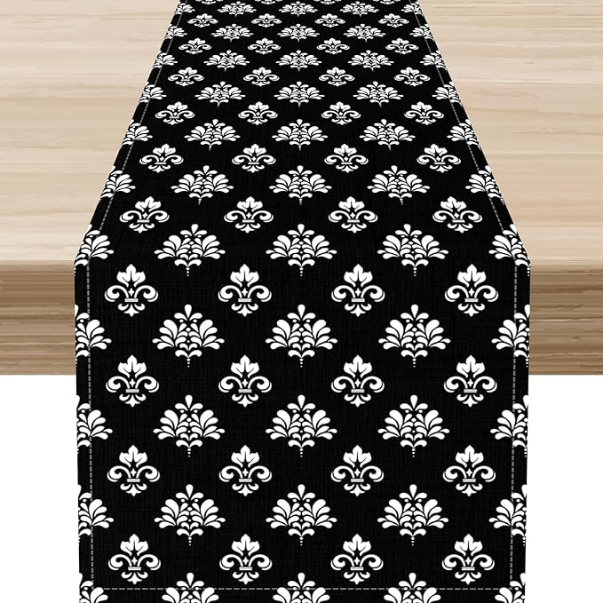 Damask Table Runner, Antique Gothic Black Floral Boho Flower Pattern Rustic Vintage Retro Coffee Table Center Decor for Kitchen and Dining Outdoor Home Country Party Table Decorations, 13"x36"