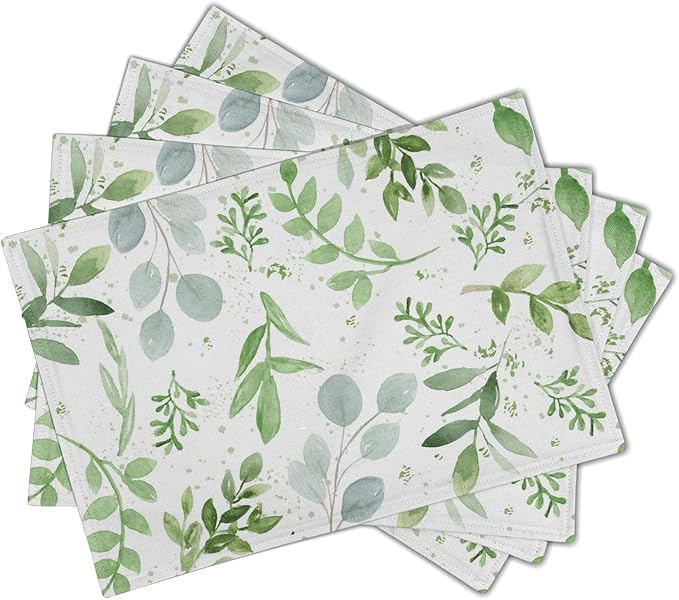 Giwawa Leaf Spring Placemats Set of 4 Sage Green Eucalyptus Leaves Linen Non Slip Place Mat Watercolor Summer Botanical Rustic Farmhouse Kitchen Decorations 12x18 Inch for Home Dining Table Party