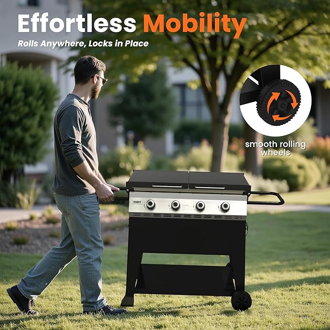 36 Inch 50,000BTU,Outdoor Flat Top Gas Propane Grills with 5 Burners,Stainless Steel & Powder Coated Steel Portable Gas Griddle with Side Shelves for BBQ,Camping,Backyard