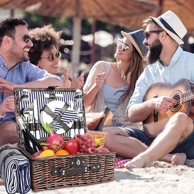 Neti Neti Wicker Picnic Basket for 4 with Insulated Cooler & Waterproof Blanket – Large Willow Picnic Hamper for Outdoor, Camping, Beach, Romantic Dates, Valentine’s Day