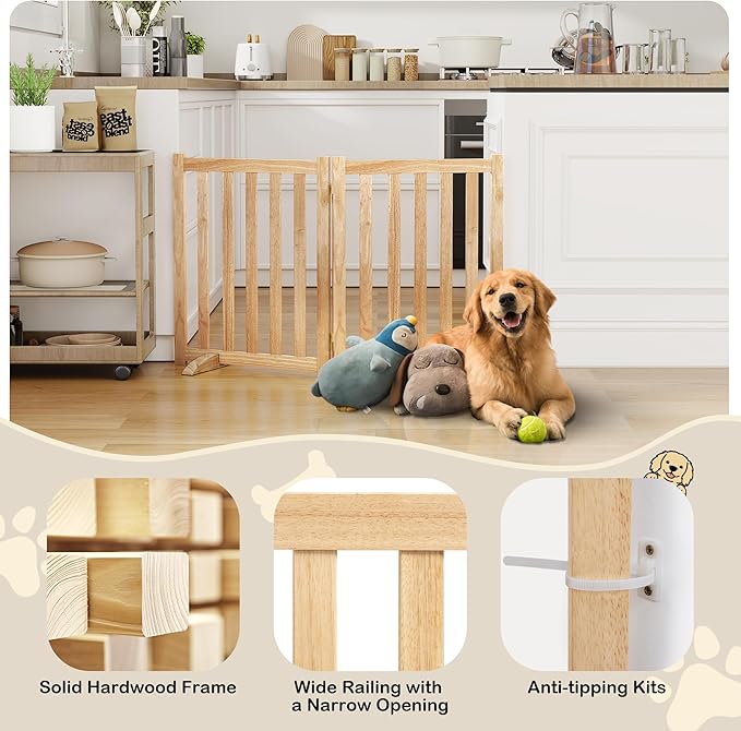 24" Height Tall Freestanding Pet Gate, Solid Wood Folding Safety Fence Wooden Dog Gate with 2 PCs Support Feet Ideal for Stairs, Doorways, Halls, Kitchens, Heavy Duty Gates, 2 Panels, Natural