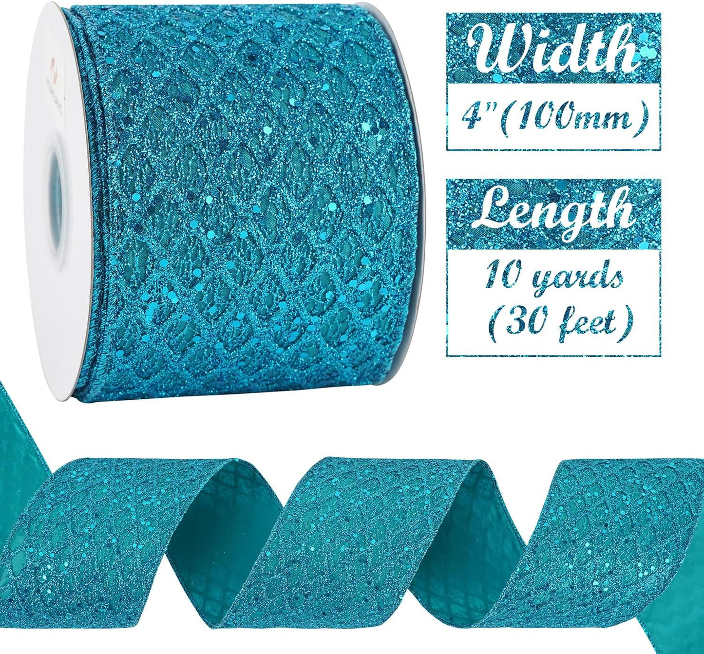 HUIHUANG Turquoise Glitter Wired Ribbon 4 inch Teal Christmas Tree Ribbon Diamond Mesh Wire Ribbon for Tree Decorations, Wreaths, Garland, Large Bows Making, Home Decor -10 Yards