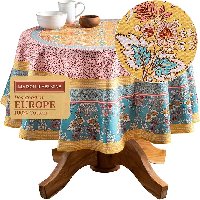 Maison d' Hermine Table Cloth Round Table 100% Cotton 63 Inches Tablecloth Reusable Decorative Everyday Use for Dining Room, Farmhouse, Home, Party, Festive & Wedding Spring Summer - Marquise
