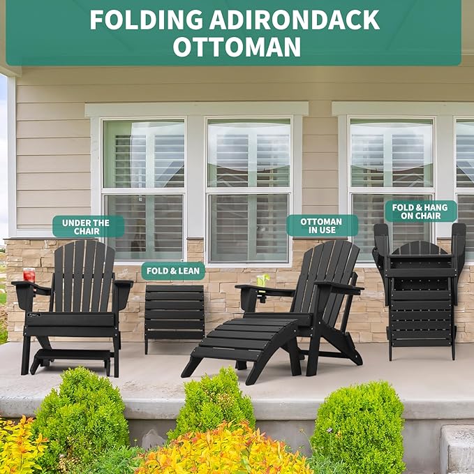 FUNBERRY Folding Adirondack Ottoman, HDPE All Weather Outdoor Foot Rest, Easy Storage Patio Footstool, Ottomans and Footstools for Outside