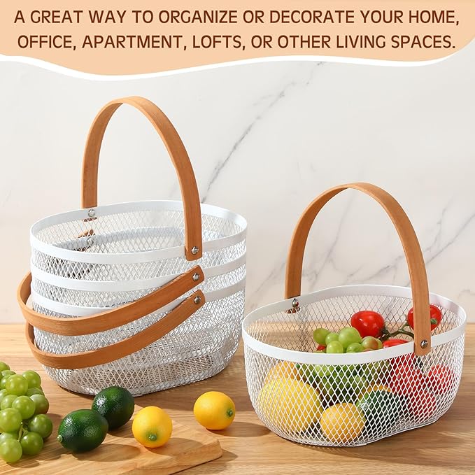 Maxcheck 4 Pcs Oval Metal Wire Storage Basket with Handle for Gathering Vegetables Multi Functional Mesh Basket for Kitchen Bathroom Picnic Home, 10.24 x 7.68 Inch(White)