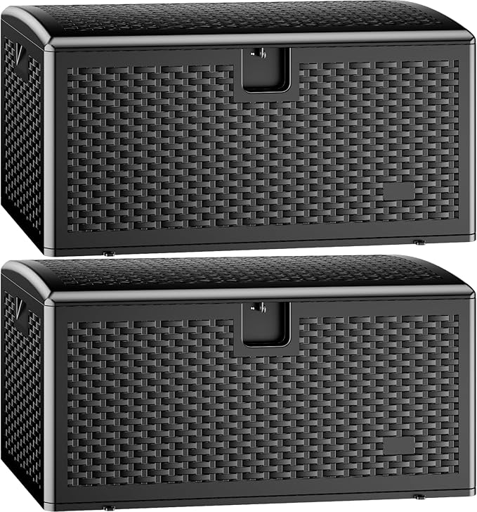JEKO&JEKO 150 Gallon Outdoor Storage Box Set, 2-Pack 75 Gallon Plastic Deck Boxes with Lockable Lid for Patio, Garden Tools, Outdoor Cushions and Shoes, Black