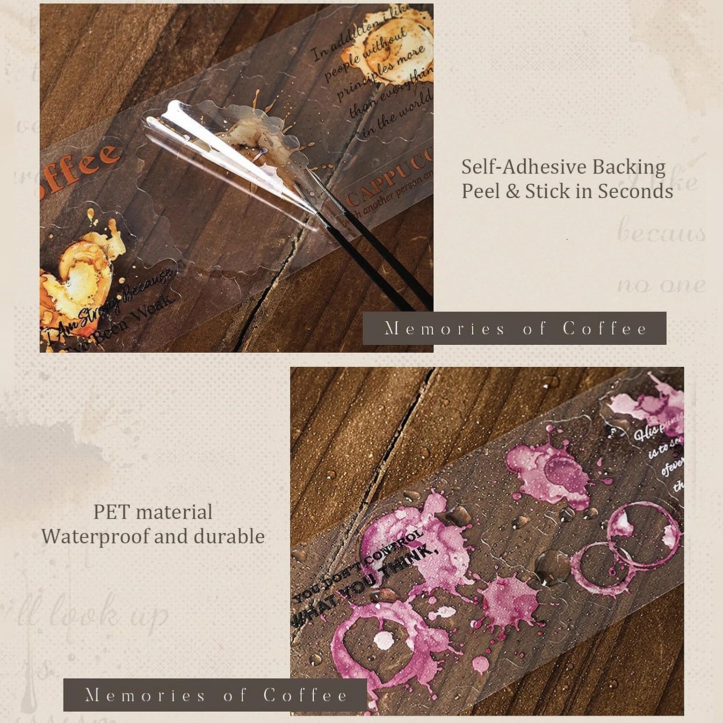 Memories of Coffee PET Tape Set, 6 Rolls Vintage Coffee Stain Stickers with Clip for Scrapbooking, Journaling, DIY and Crafts Supplies