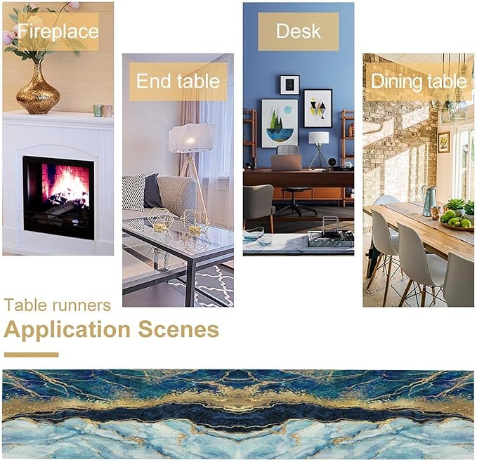 Marble Table Runner, Blue Texture Abstract Art Print Table Runner for Indoor Home Living Room Party Dining Kitchen 13x108in