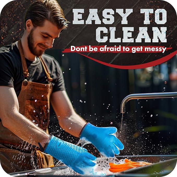 KITCHEN PERFECTION Silicone Smoker Oven Gloves-Extreme HeatResistant BBQ Gloves-Handle Hot Food Right on Your Grill BBQ Fryer&Pit|Waterproof Grilling Cooking Baking Mitts|Superior Value Set+3 Bonuses