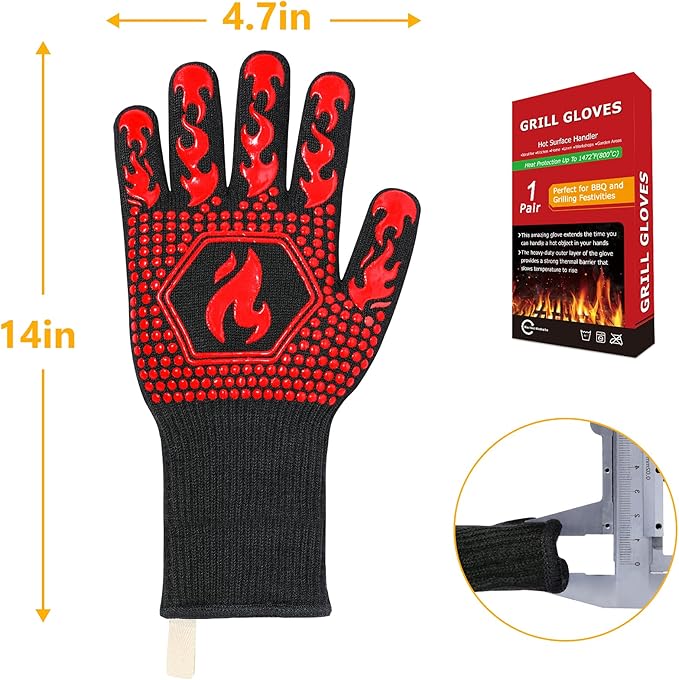 QUWIN BBQ Gloves, Oven Gloves 1472℉ Extreme Heat Resistant, Grilling Gloves Silicone Non-Slip Oven Mitts, Kitchen Gloves for BBQ, Grilling, Cooking, Baking-1 Pair… (One Size(Long Cuff), Red)