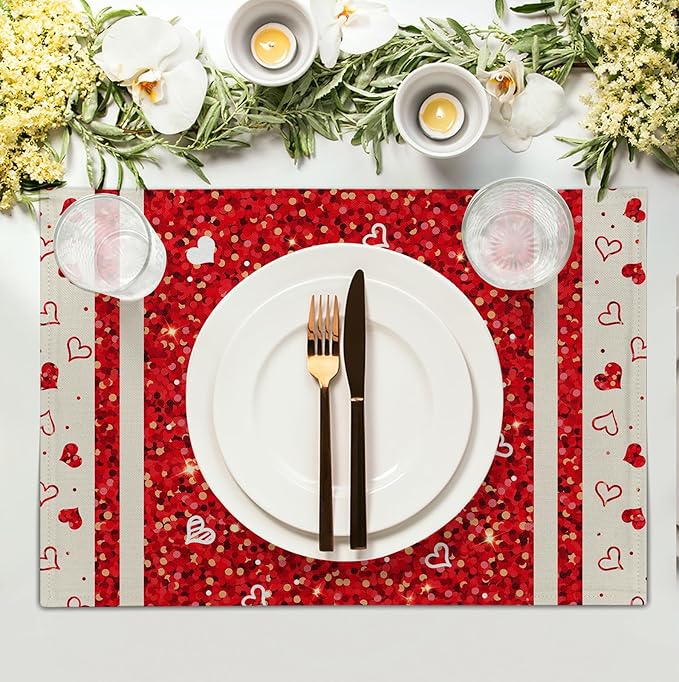 Valentine Hearts Placemats Set of 4, 12x18 Inch Red White Love Heart Linen Table Mats Romantic Wedding Heat Resistant Washable Place Mat for Party Kitchen Dining Outdoor Indoor Decor
