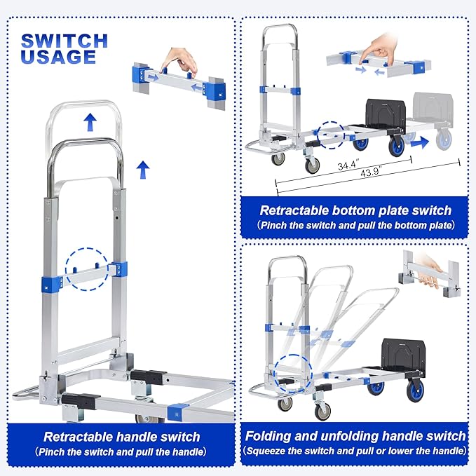 Upgraded 3 in 1 Aluminum Folding Hand Truck, 600lbs Capacity, Heavy Duty Convertible Dolly with Retractable Handle and 4 Rubber Wheels, Collapsible Cart for Moving Home, Office, Warehouse (Blue)
