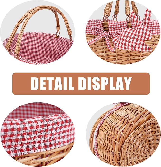 G GOOD GAIN Wicker Picnic Basket with Double Folding Handles,Willow Picnic Hamper,Natural Hand Woven Easter Basket,Easter Eggs and Candy Basket,Bath Storage,Gift Packing Basket.Red