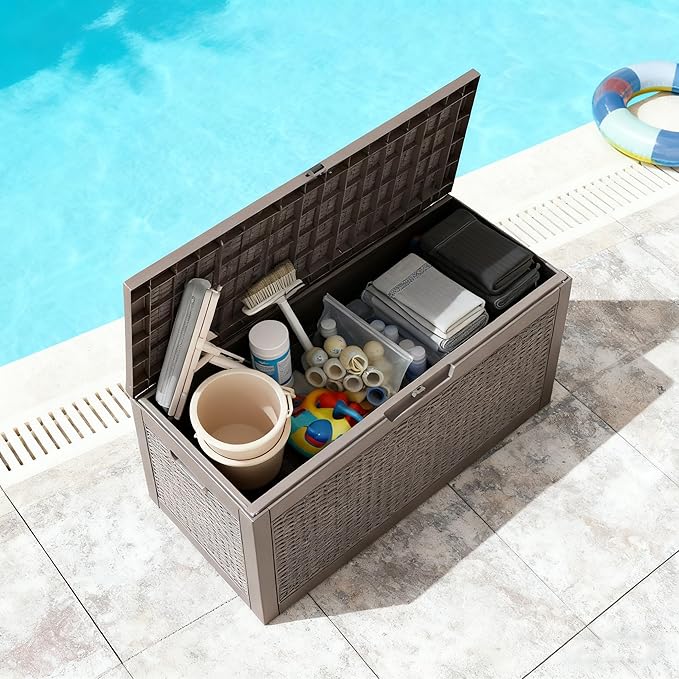 60 Gallon Outdoor Storage Deck Box Waterproof,Large Resin Storage Container for Outside,Patio Accessories for Outsid,Backyard Delivery Boxes,Lockable Lid,Rattan Gray