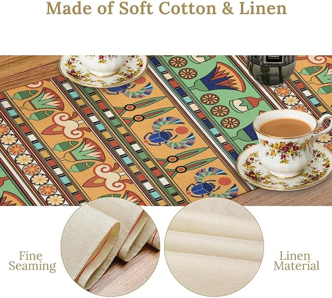 Egyptian Print Table Runner, Egyptian Ornament Scarab Flower Abstract Design Table Runner for Dining Kitchen Party Outdoor Holiday 13x108in