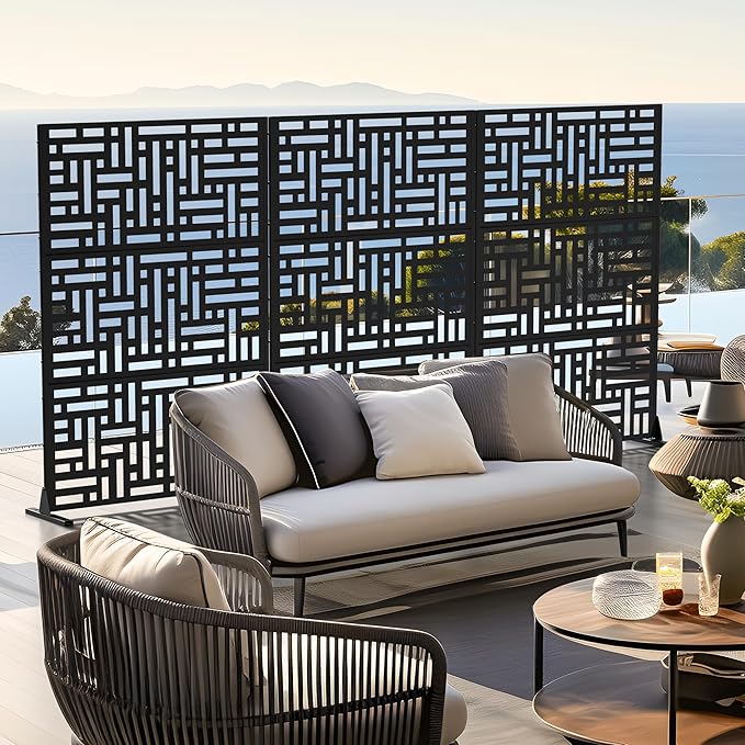 Casaphoria Privacy Screen 72" H x 45" W Metal, 2 Pack Outdoor Freestanding Decorative Divider for Patio & Garden with Stable Base, Black-Helen