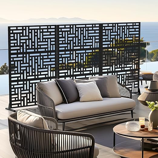 Casaphoria 72" H x 47" W Metal Outdoor Privacy Screen, Freestanding Decorative Divider for Patio, Deck, Balcony, and Garden with Stable Base, Black Helen