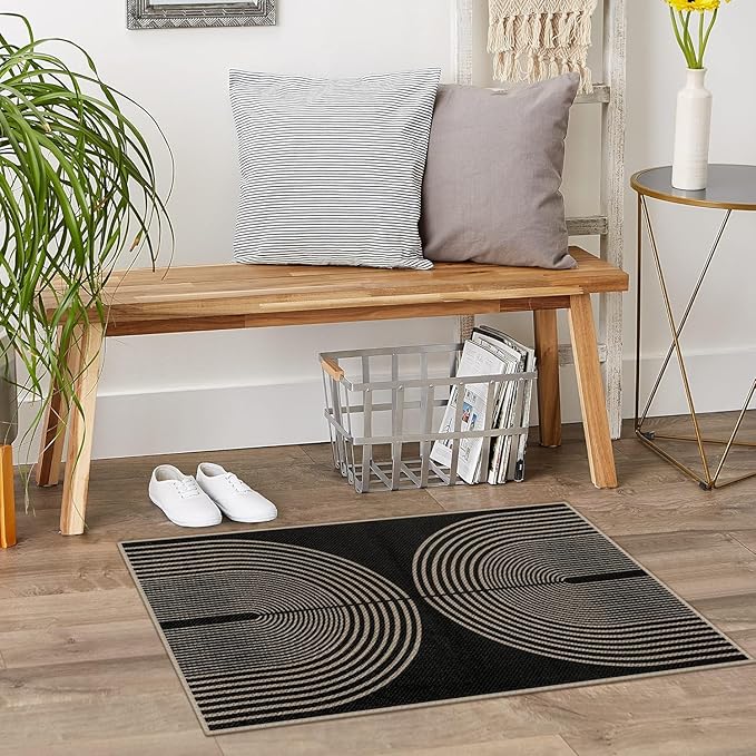 Easy Jute Rainbow Entryway Rug, 2x3 Black Washable Non-Slip Indoor Outdoor Doormat, Boho Farmhouse Small Kitchen Rug Modern Abstract Throw Rugs for Entrance Bedroom Bathroom